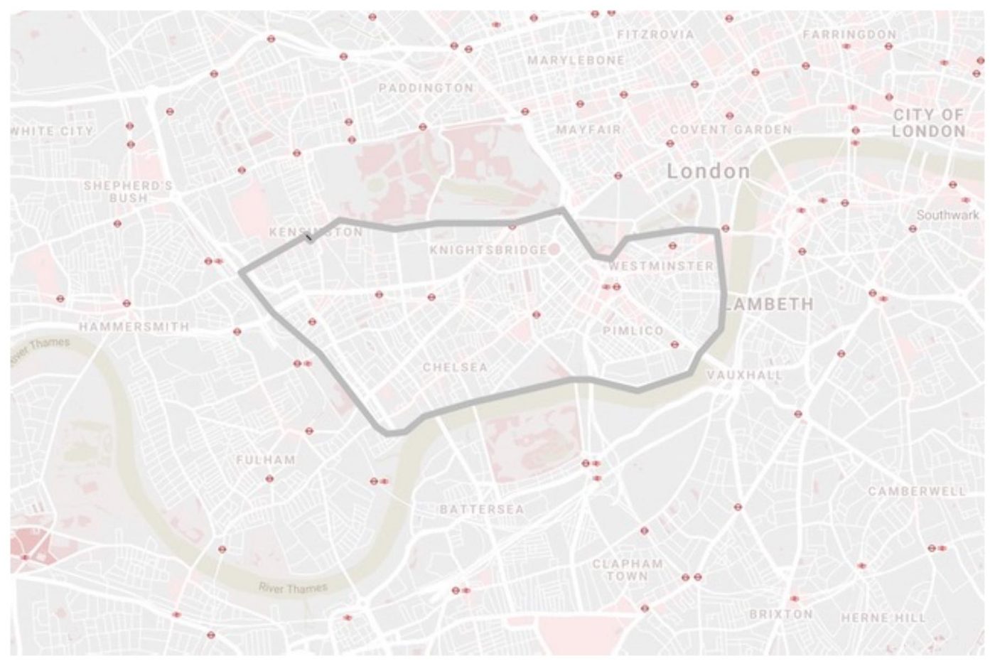 Map of our daycare collection area across Westminster, Pimlico, Belgravia, Knightsbridge, Chelsea and Kensington
